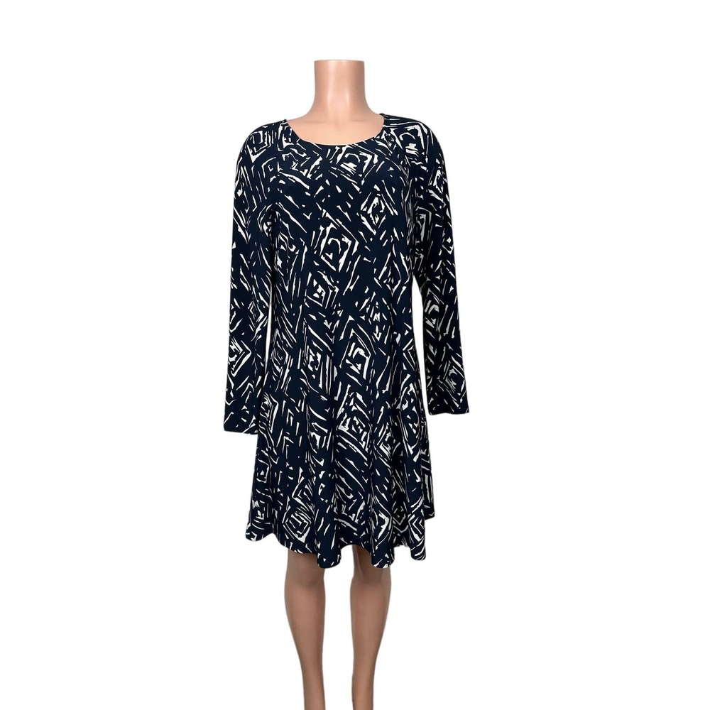 Ralph Lauren LRL Women Size 12 Navy White Geo Print Flowy Jersey Dress Career
